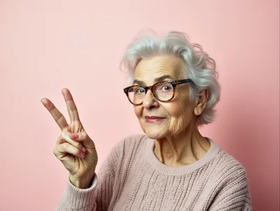 Elderly Woman Making Peace Sign Gesture
