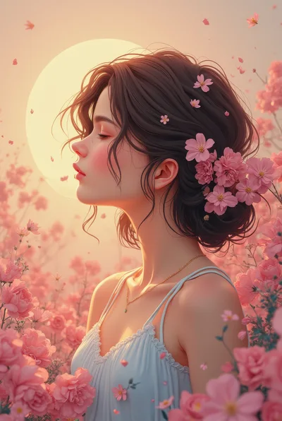 Young Woman With Flowers In Hair In Sunlit Garden