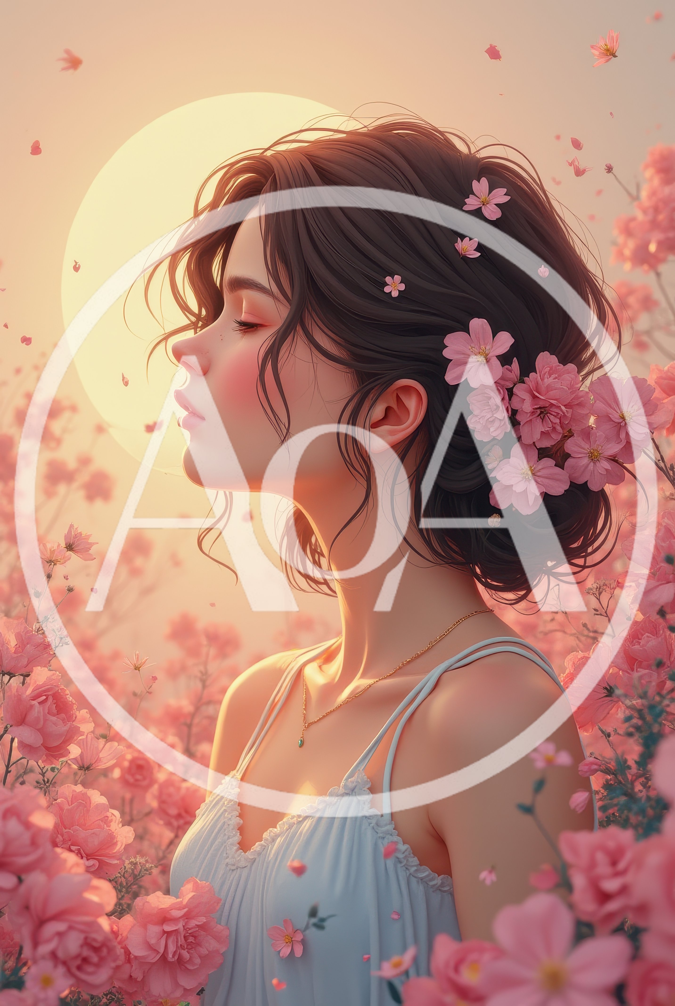 Young Woman With Flowers In Hair In Sunlit Garden
