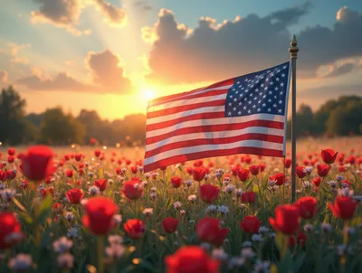 American Flag Waving Over A Field Of Red Tulips