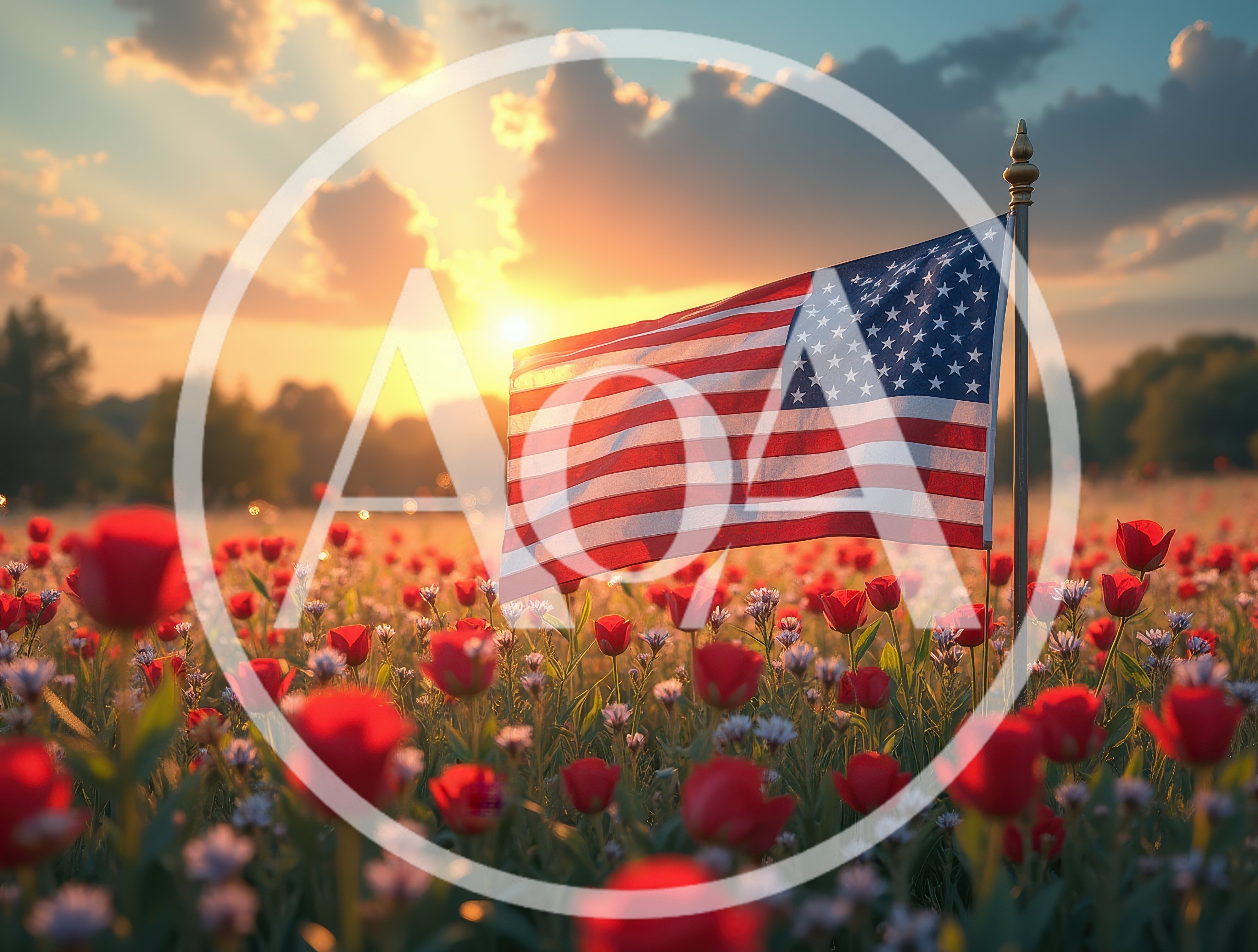 American Flag Waving Over A Field Of Red Tulips