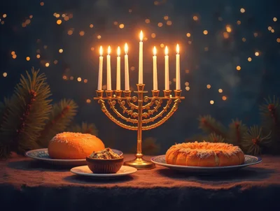 Hanukkah Menorah With Traditional Pastries On A Table