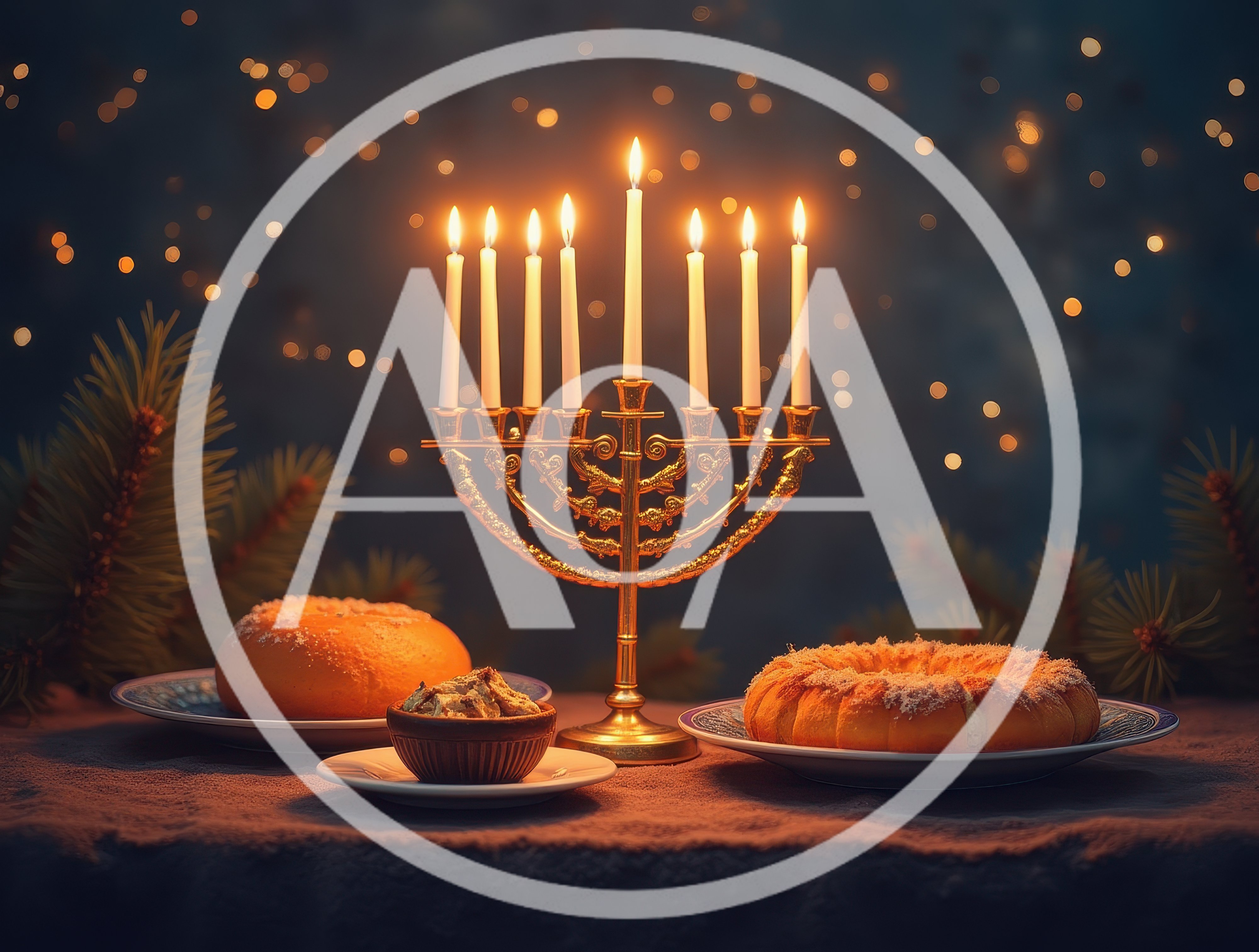 Hanukkah Menorah With Traditional Pastries On A Table