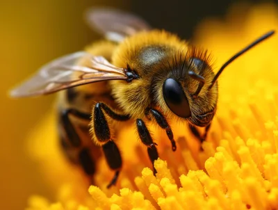 Macro Close Up Of A Honey Bee On Flower