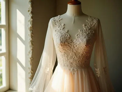 Elegant Wedding Dress On A Mannequin By A Window