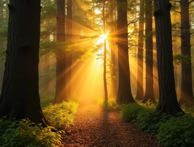 Golden Sunbeams Piercing Through A Misty Forest Path