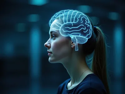 Young Woman With Glowing Digital Brain Hologram