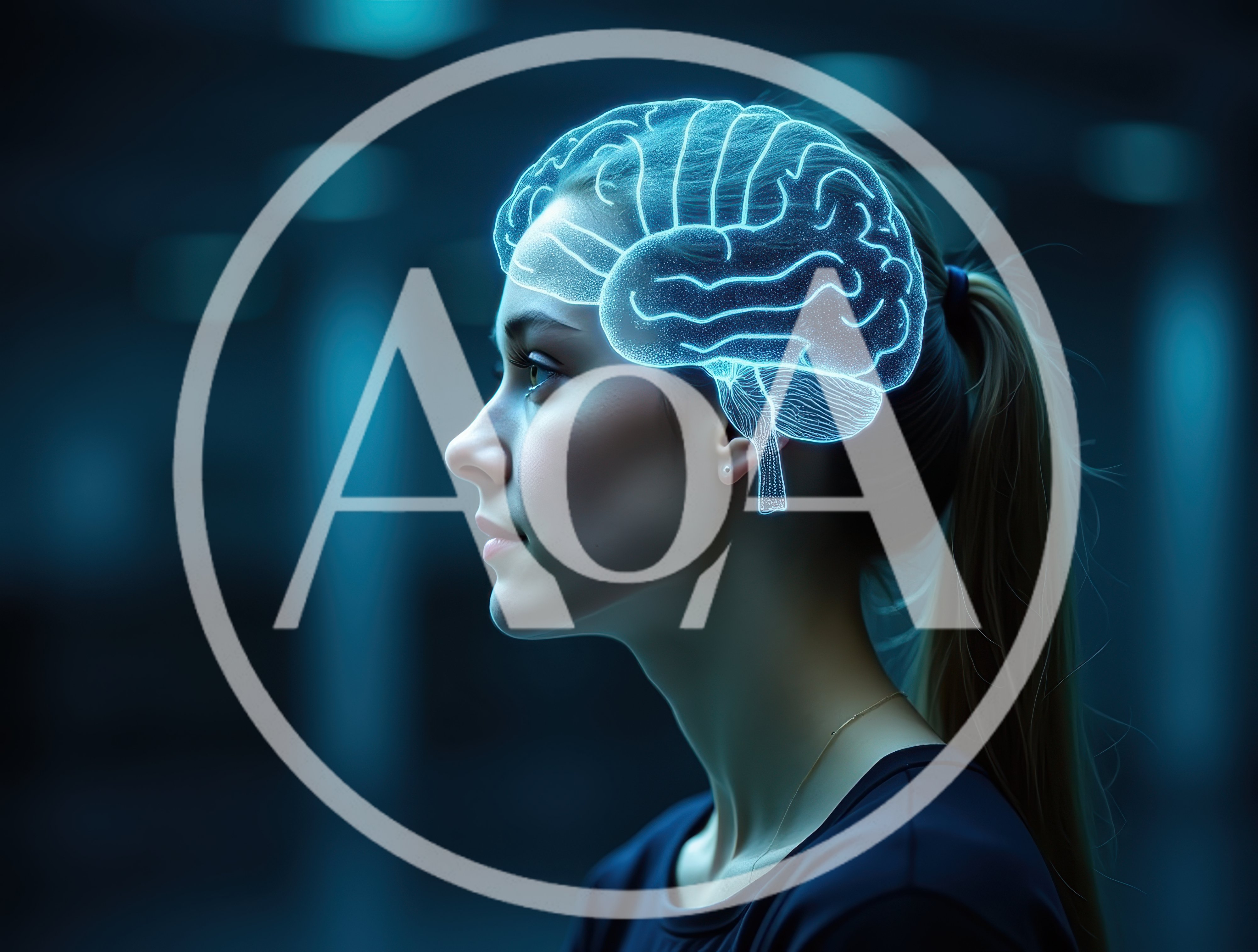Young Woman With Glowing Digital Brain Hologram
