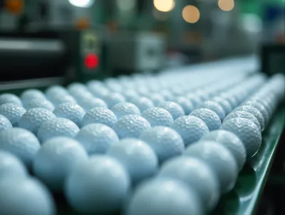 Golf Balls Moving Along A Factory Conveyor Belt