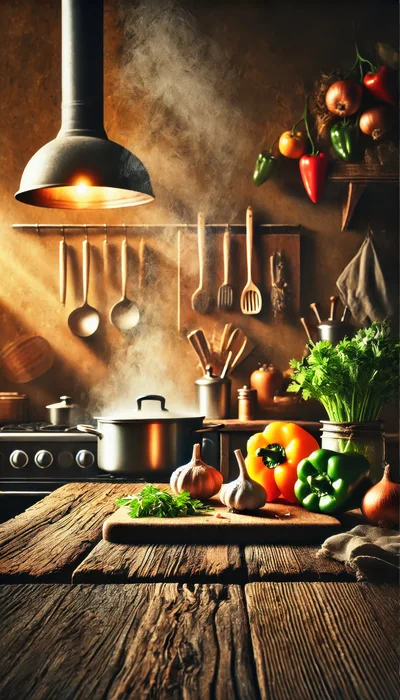 Steaming Pot On Stove In Rustic Kitchen