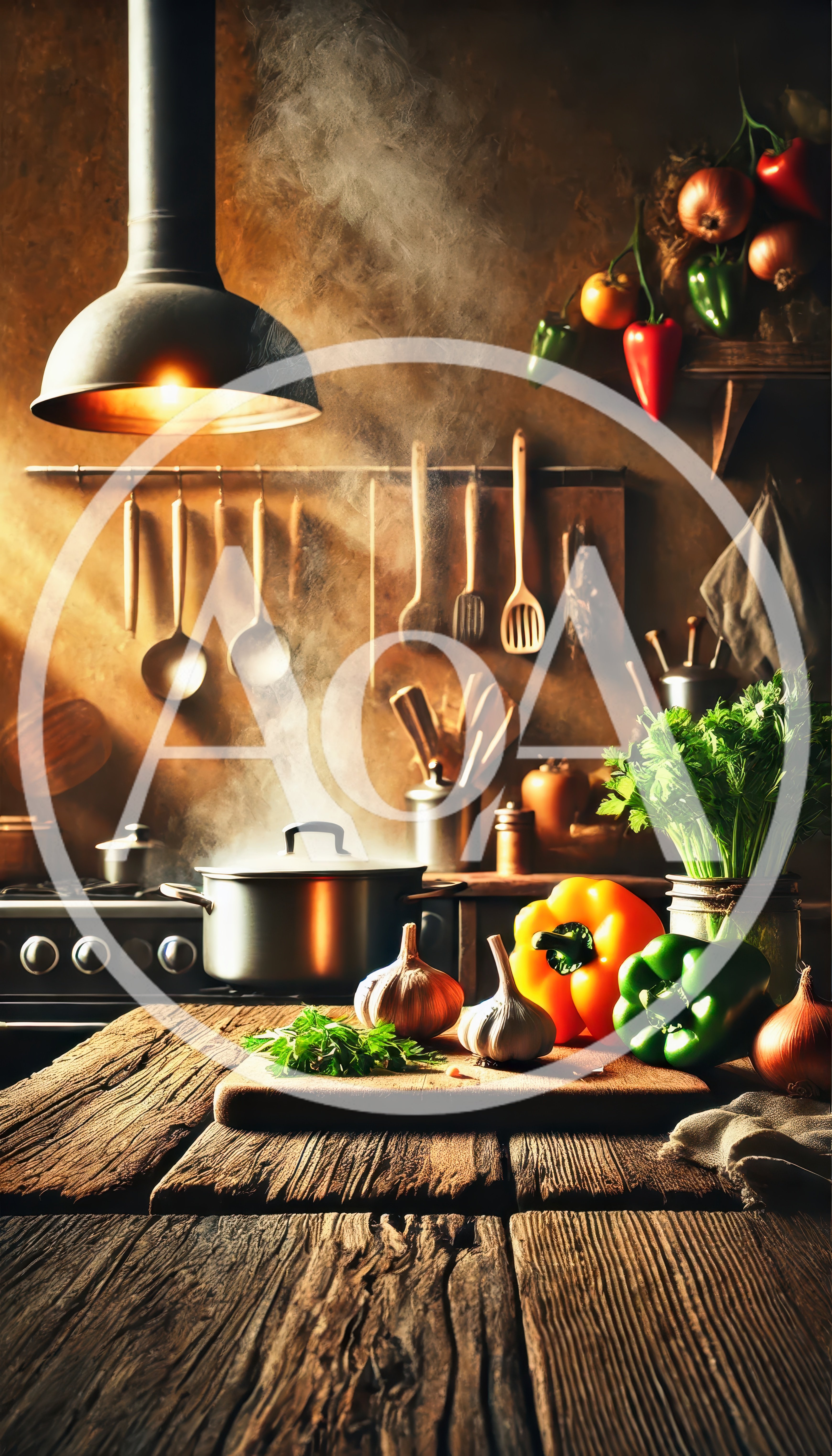 Steaming Pot On Stove In Rustic Kitchen