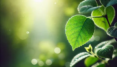 Sunlit Green Leaf With Dew Drops