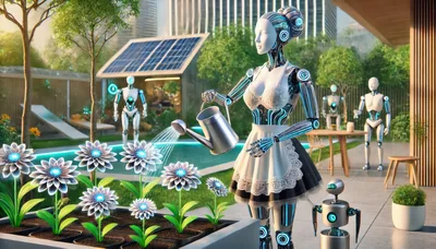 Futuristic Android Maid Watering Glowing Flowers