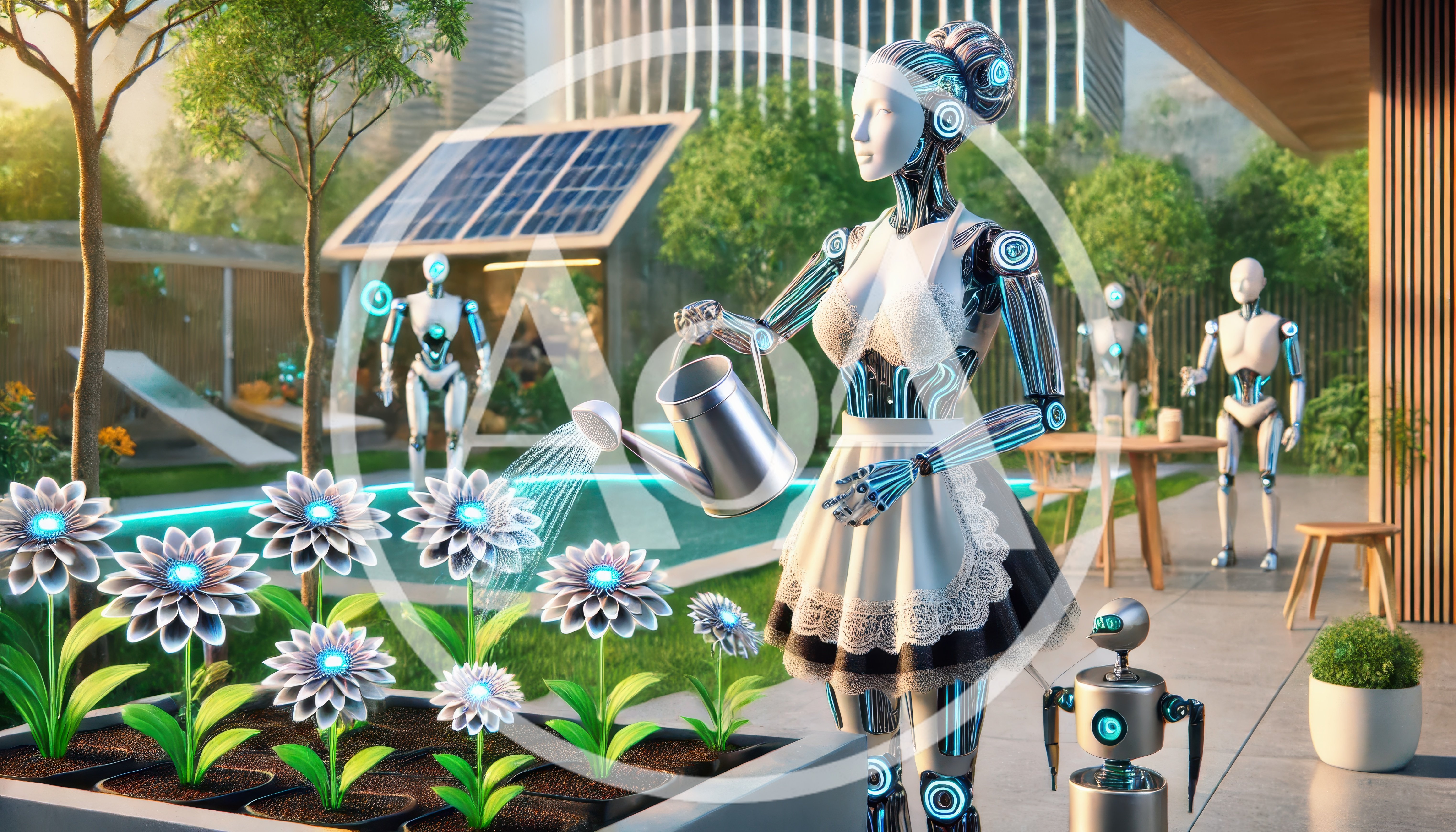 Futuristic Android Maid Watering Glowing Flowers