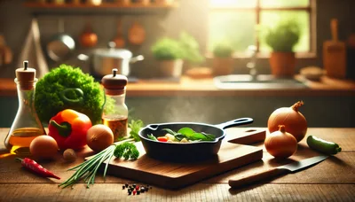 Fresh Vegetables And Skillet On A Rustic Kitchen Counter