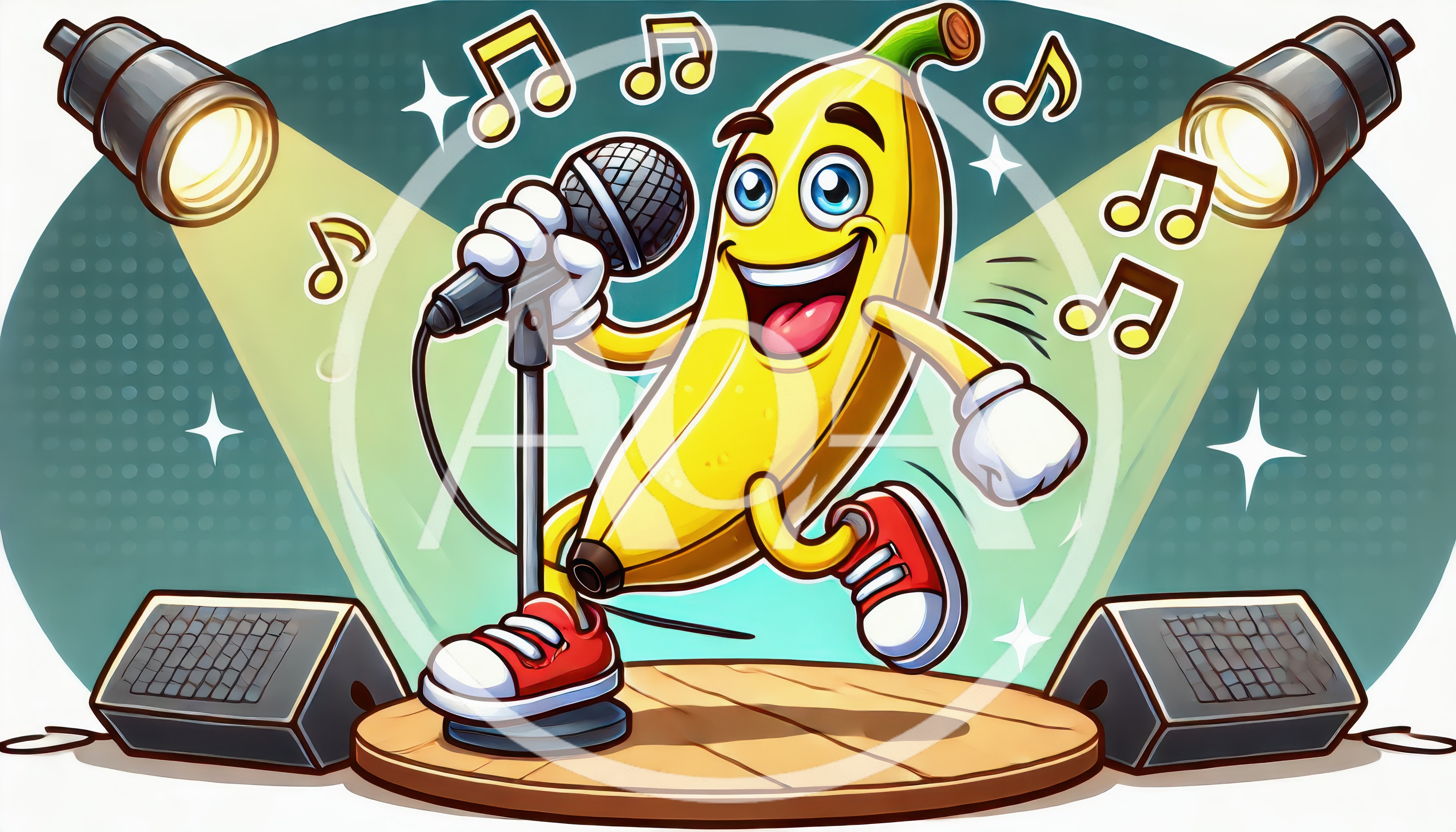 Cartoon Banana Character Singing Into A Microphone On Stage