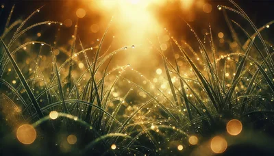 Dew Drops On Grass Blades At Sunrise