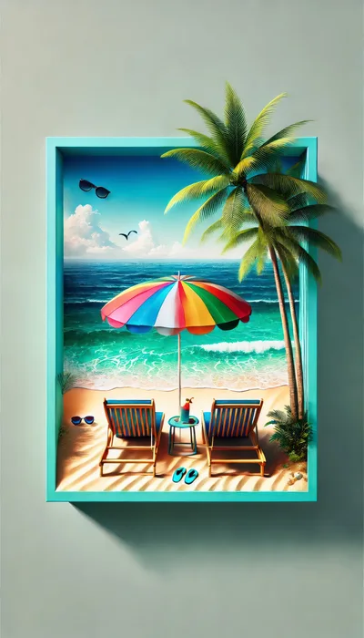 3D Rendered Beach Scene Inside A Turquoise Frame