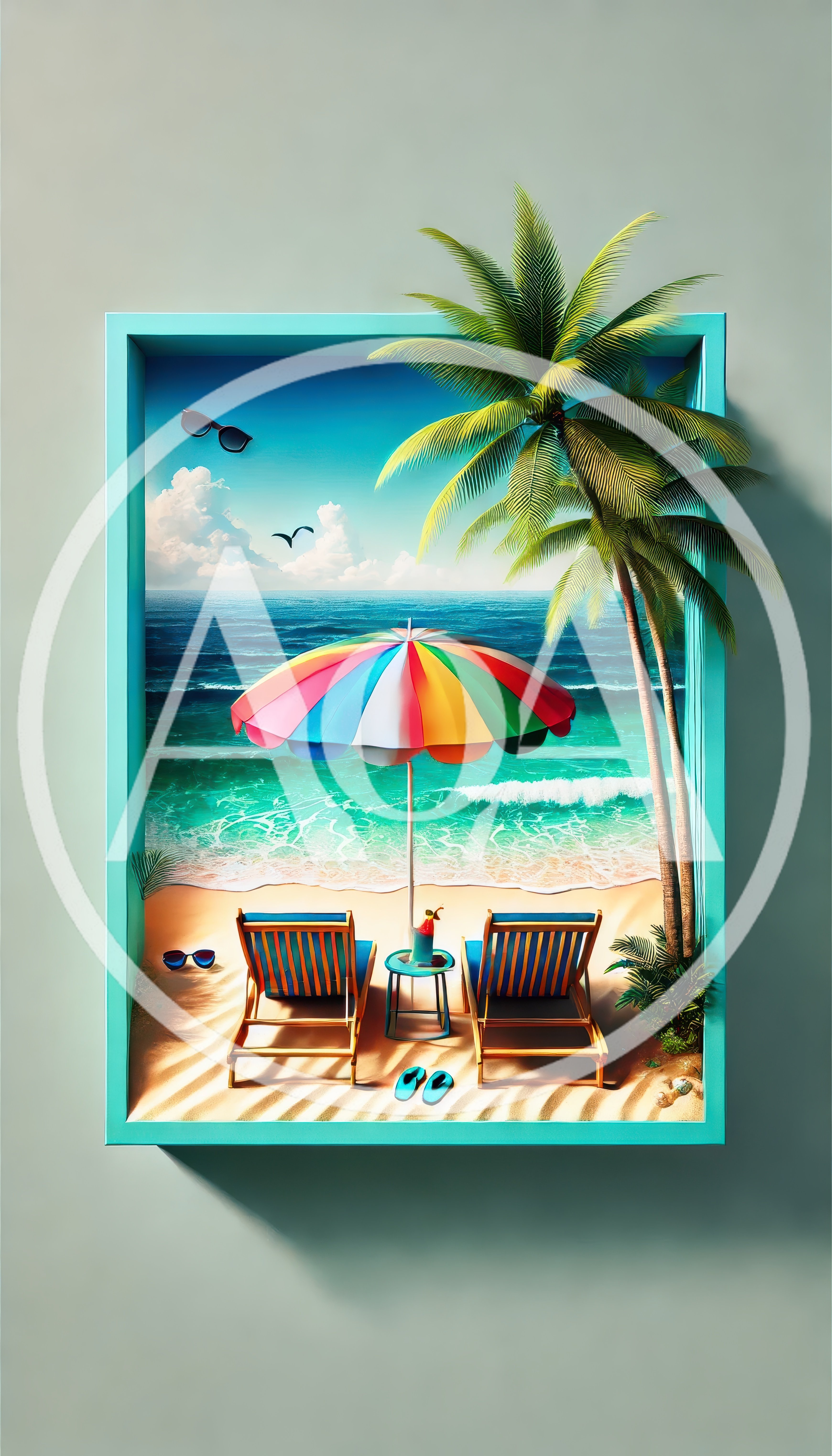 3D Rendered Beach Scene Inside A Turquoise Frame