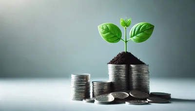 Small Green Plant Growing From Stacks Of Silver Coins