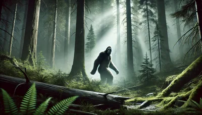 Bigfoot Walking Through A Misty Ancient Forest