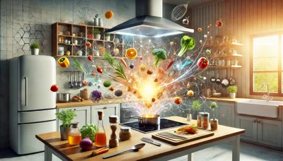 Magical Culinary Explosion of Fresh Ingredients in Kitchen