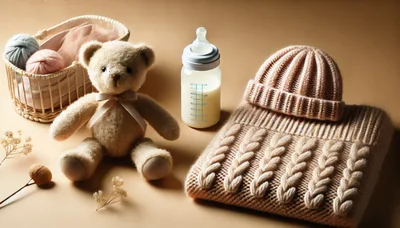 Baby Essentials With Teddy Bear And Knitted Clothing