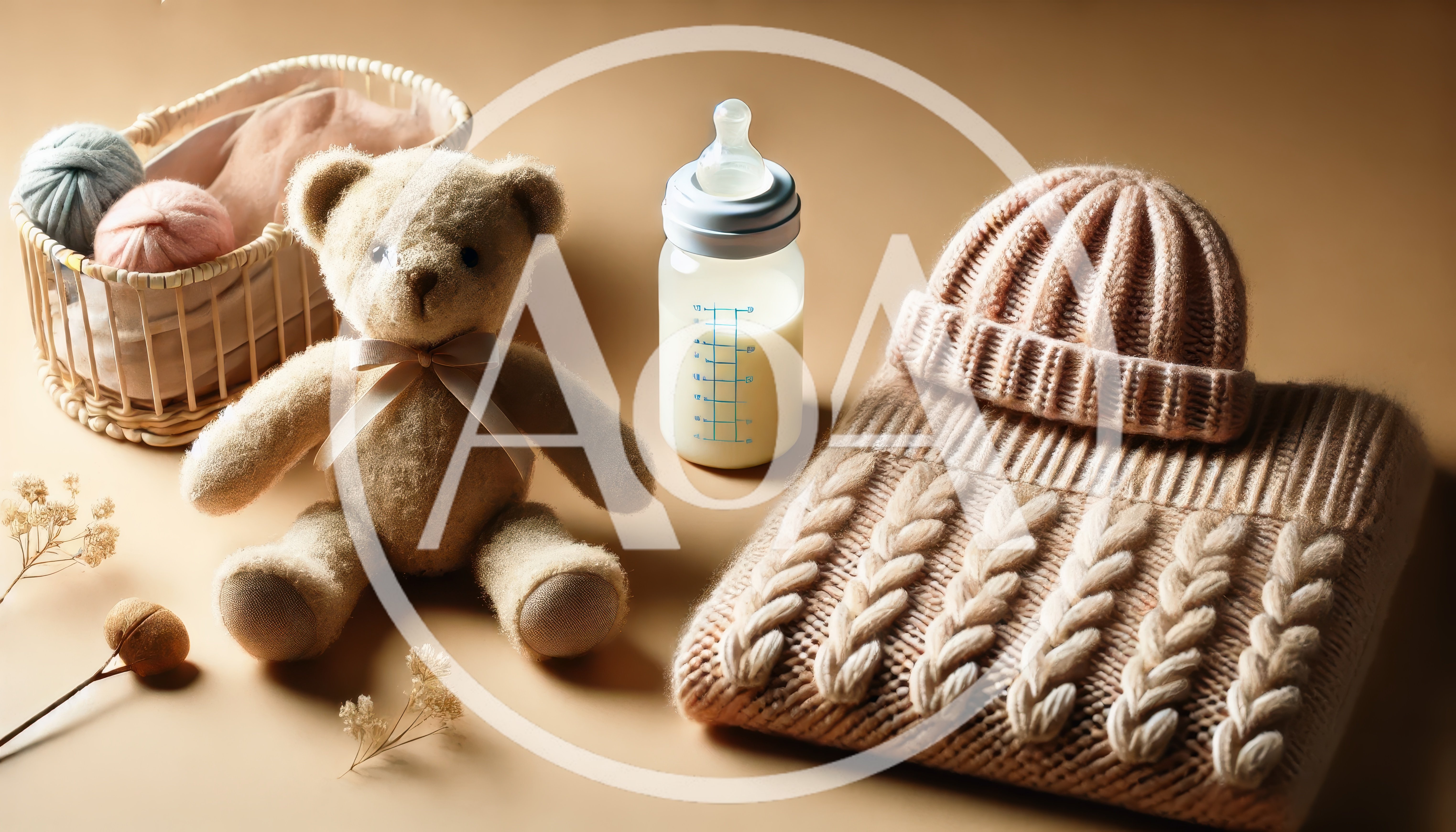 Baby Essentials With Teddy Bear And Knitted Clothing