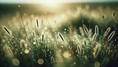 Dew Covered Grass Blades In Morning Sunlight