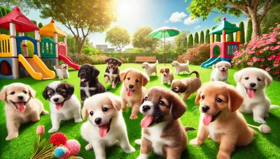 Group of Adorable Puppies Playing in a Sunny Park