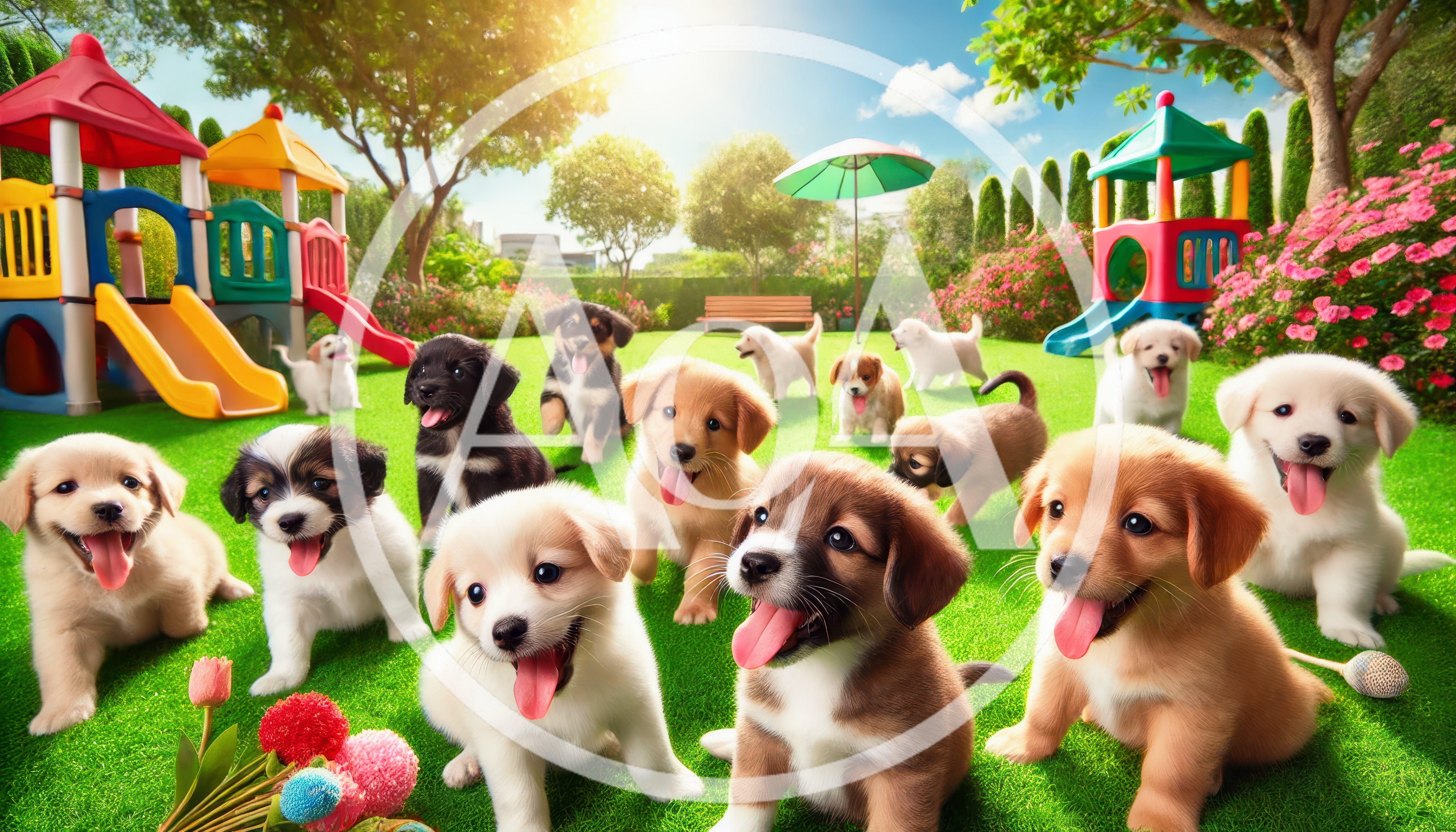 Group of Adorable Puppies Playing in a Sunny Park