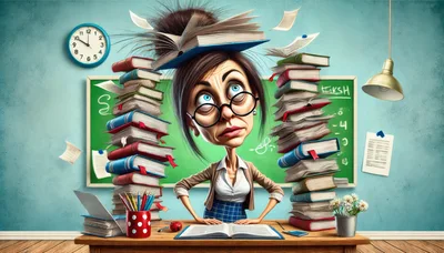 Stressed Teacher Overwhelmed By Piles Of Books