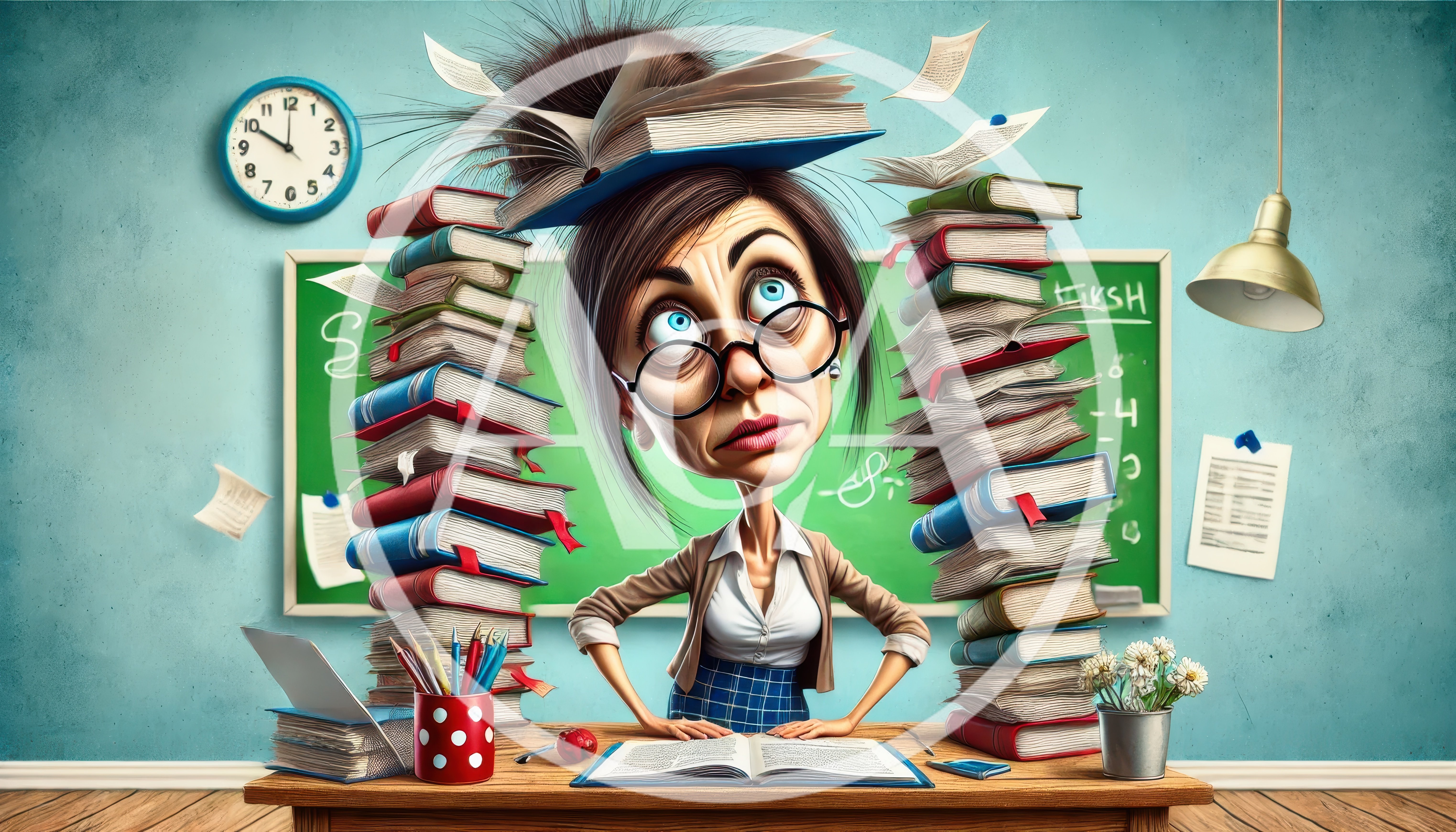 Stressed Teacher Overwhelmed By Piles Of Books