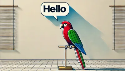 Cartoon Parrot Perched On Stand With Hello Speech Bubble