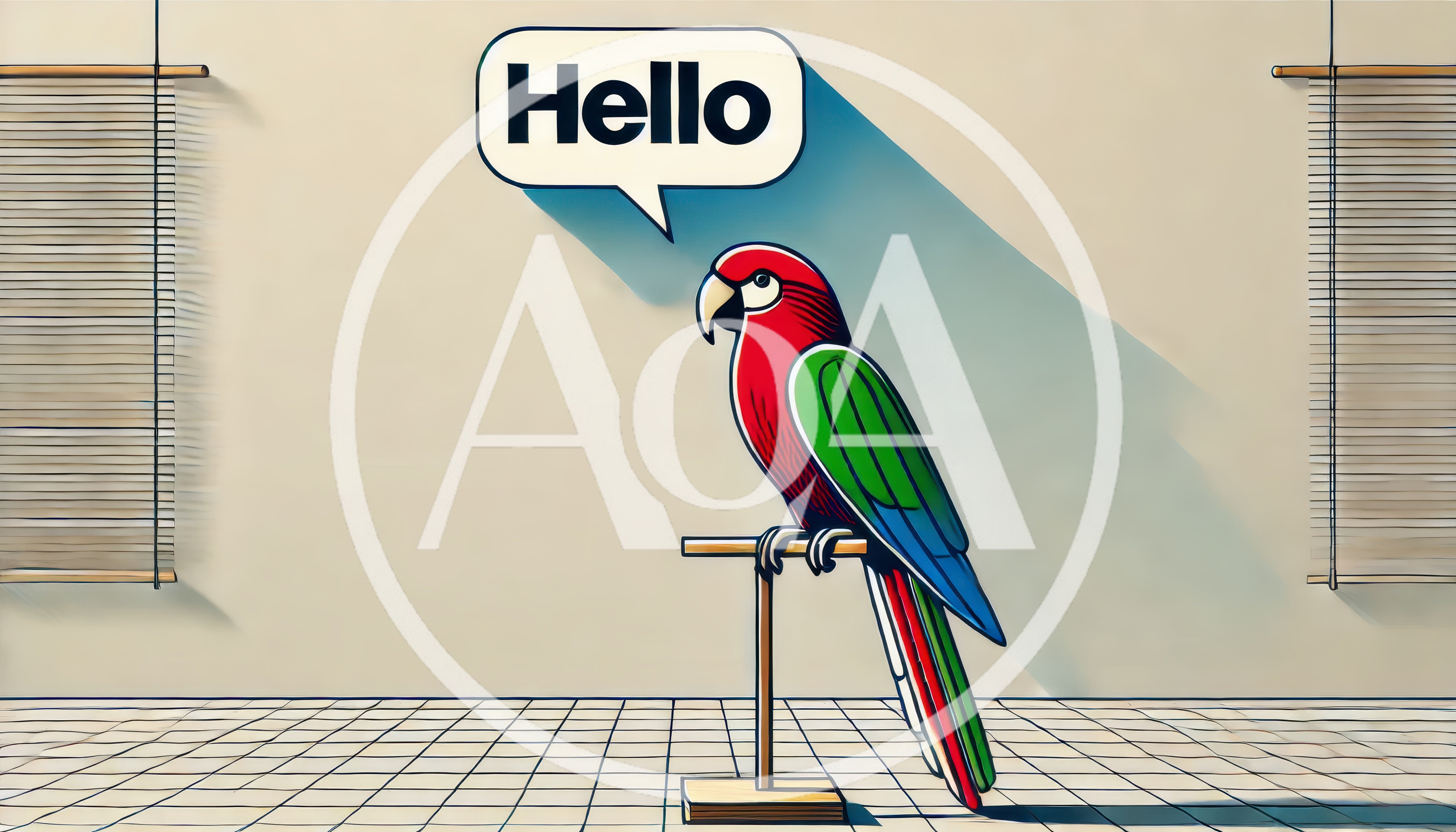 Cartoon Parrot Perched On Stand With Hello Speech Bubble