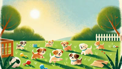 Group of Cute Puppies Playing in a Sunny Garden