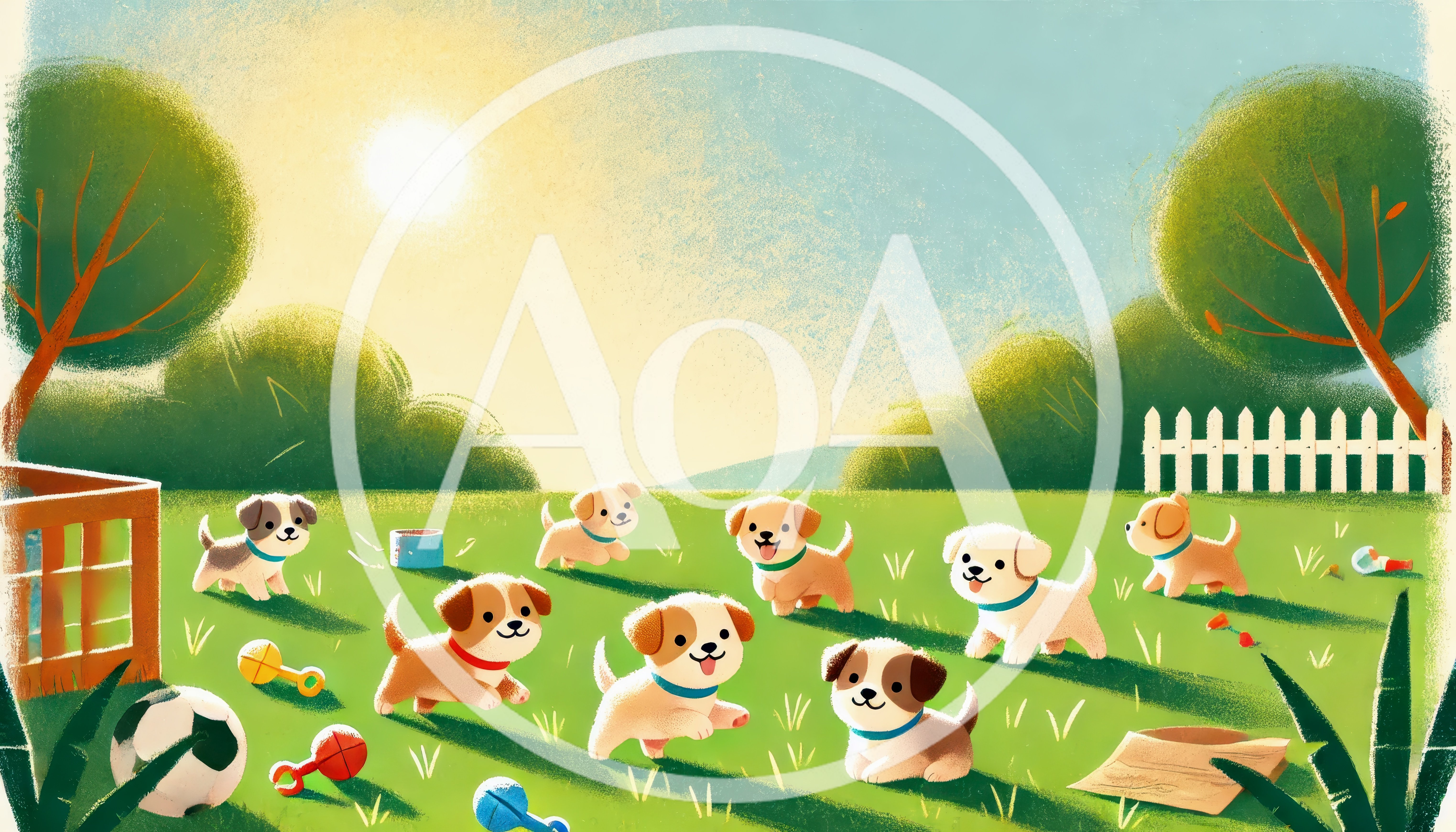 Group of Cute Puppies Playing in a Sunny Garden