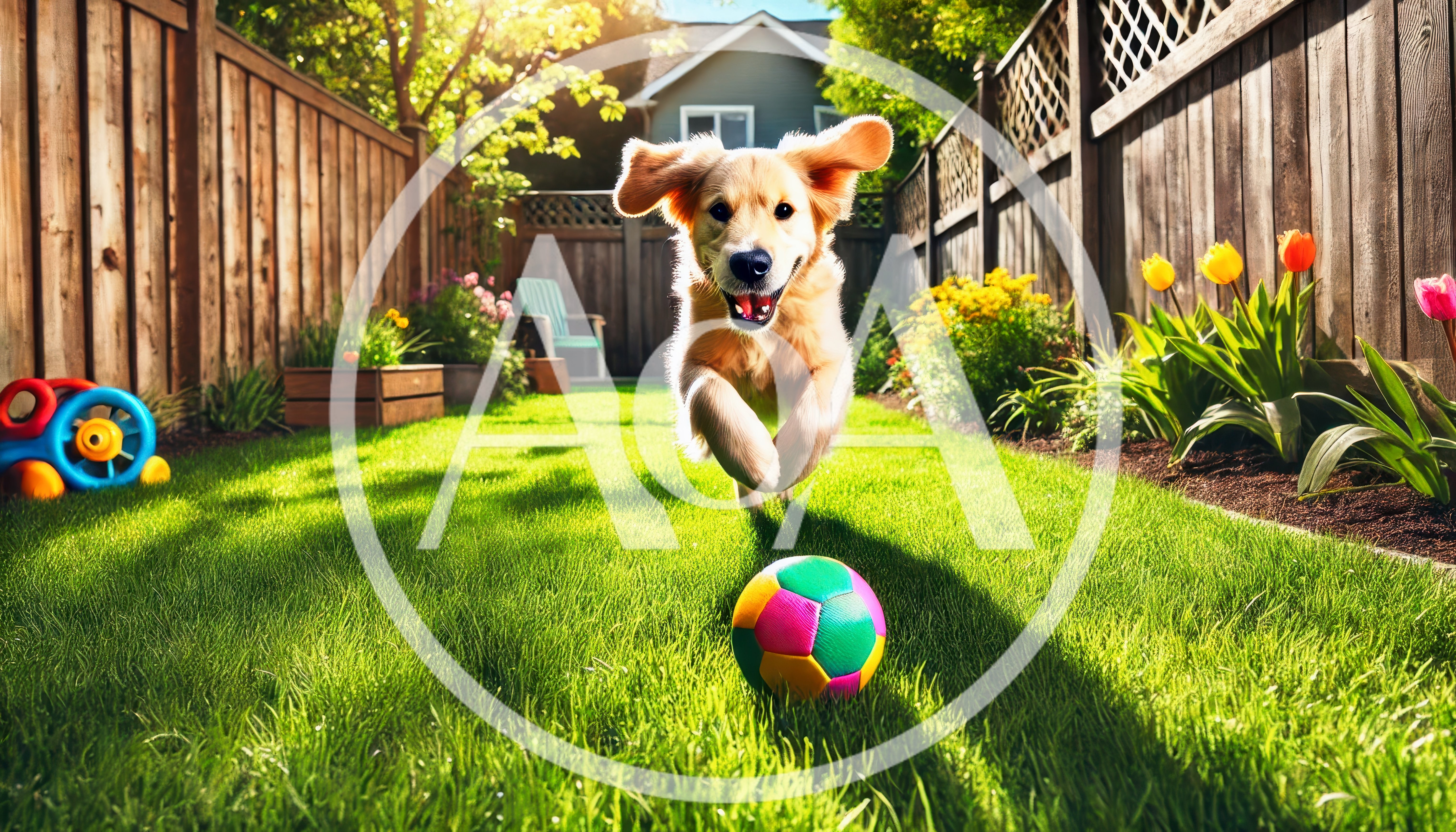 Golden Retriever Puppy Running Toward Ball in Backyard