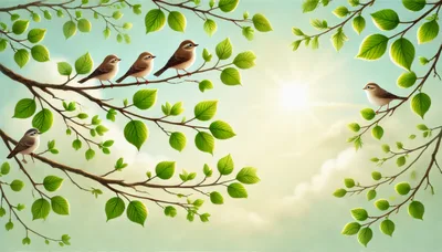 Four Small Birds Perched On Tree Branches