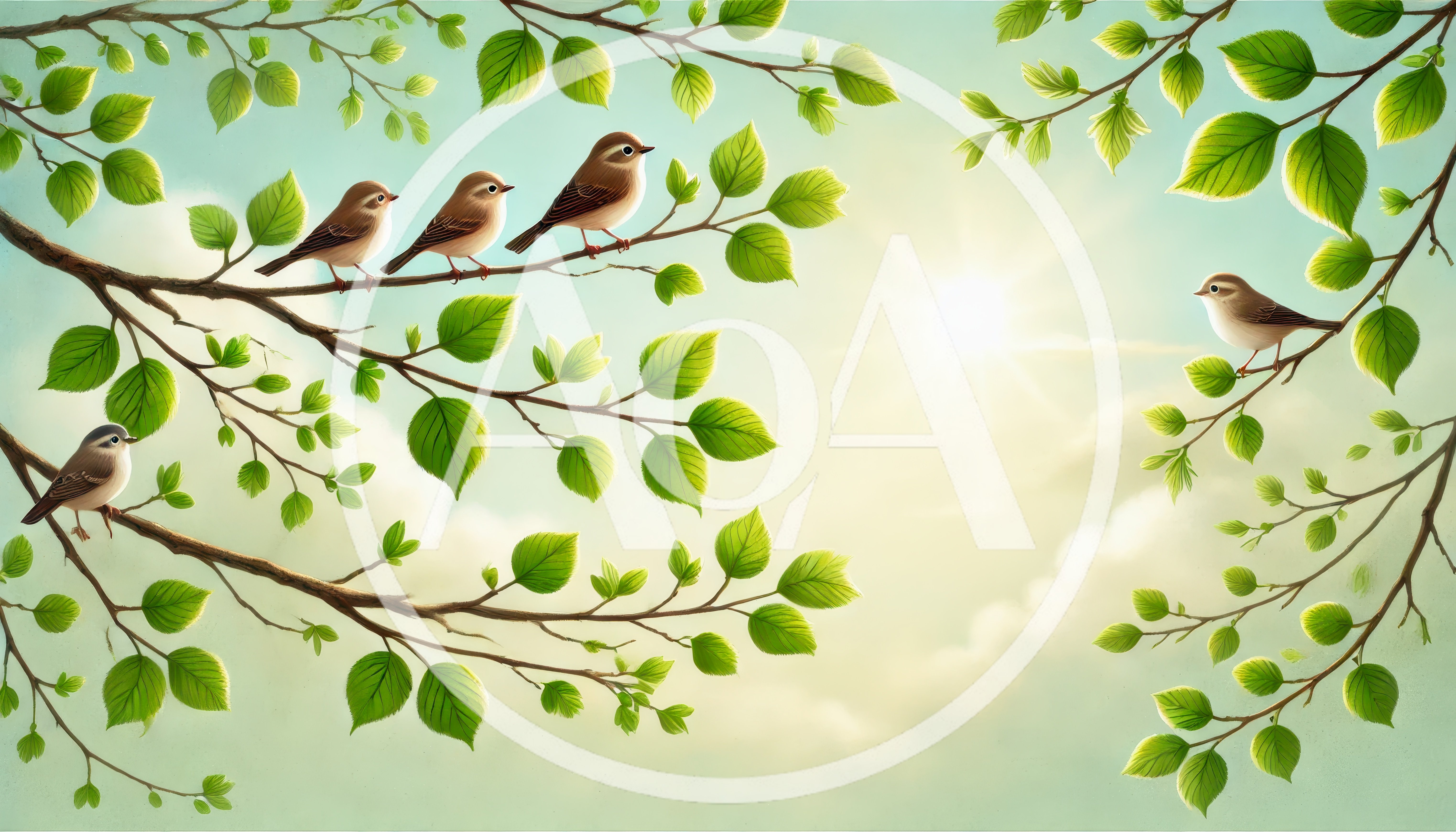 Four Small Birds Perched On Tree Branches