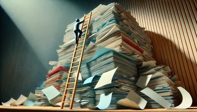 Person Climbing Ladder Against Massive Pile Of Paperwork