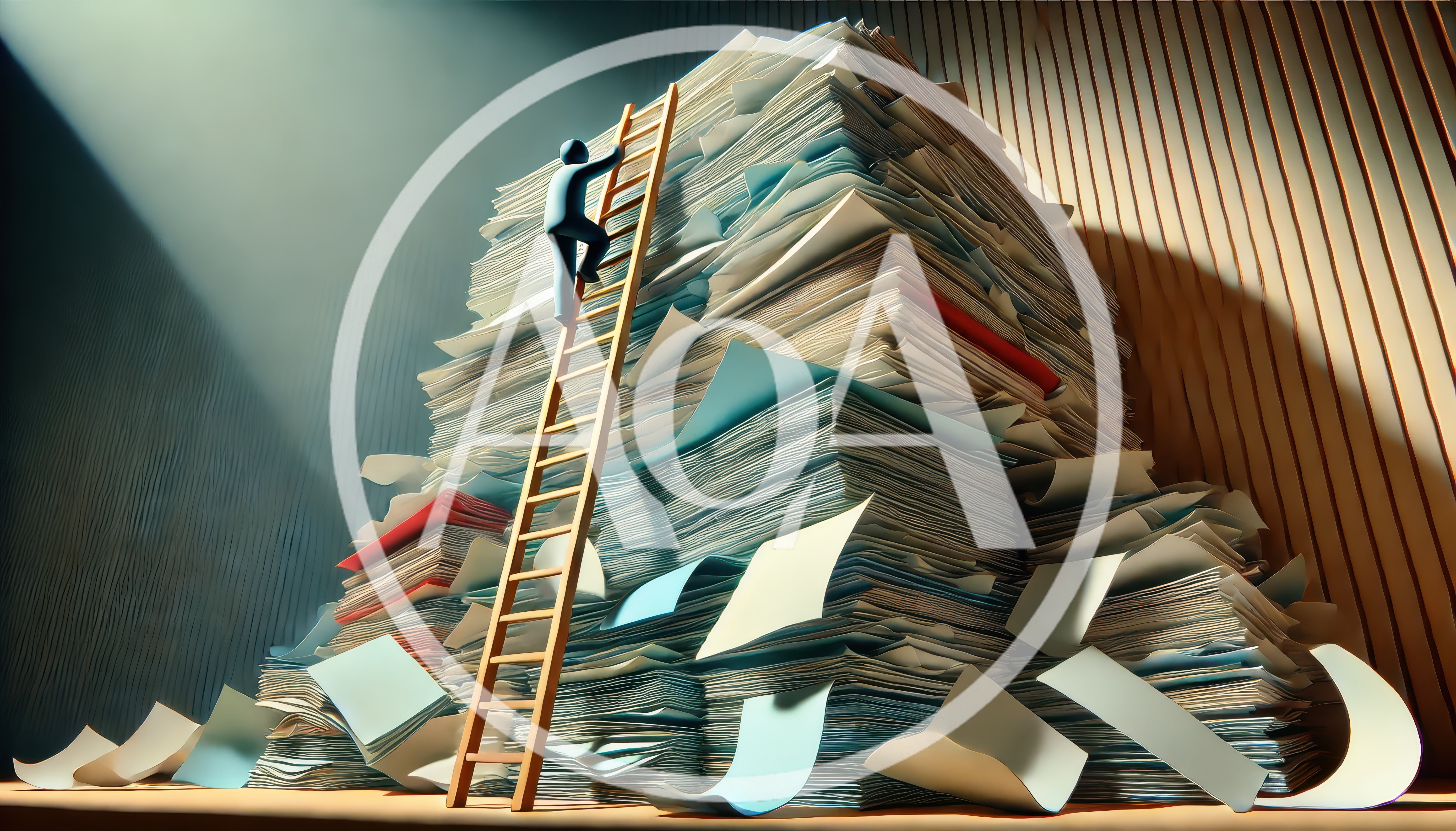Person Climbing Ladder Against Massive Pile Of Paperwork