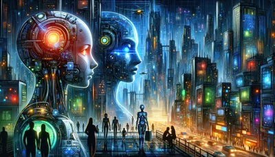 Futuristic Android Heads Overlooking A Cyberpunk Cityscape
