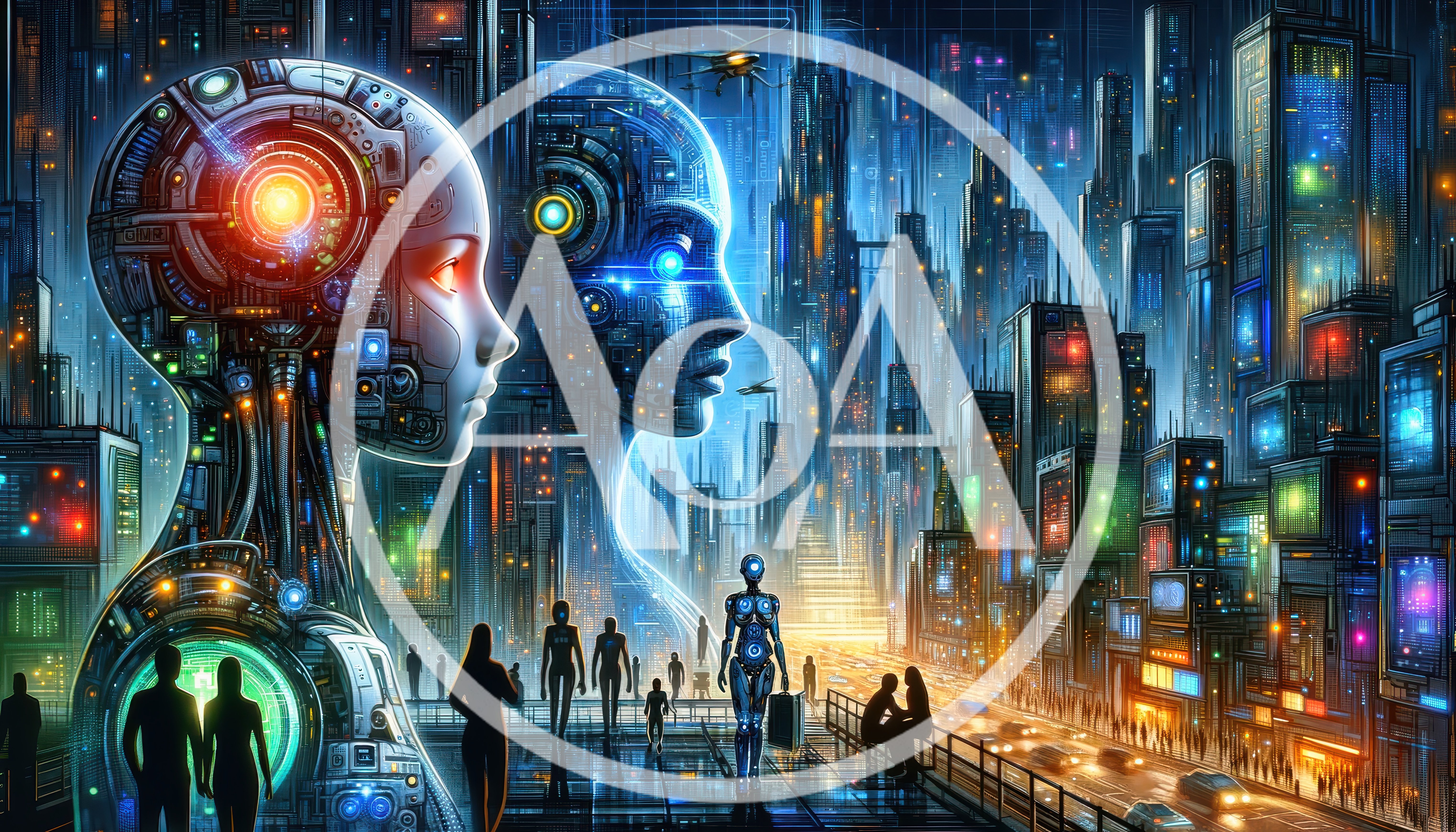 Futuristic Android Heads Overlooking A Cyberpunk Cityscape