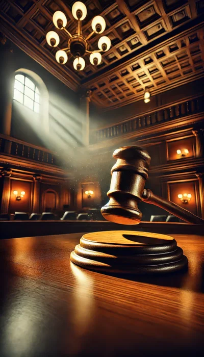 Wooden Gavel Resting On A Courtroom Bench