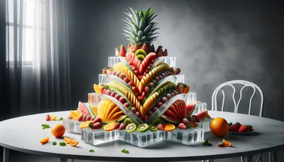 Elaborate Fruit Sculpture Display on Ice Blocks