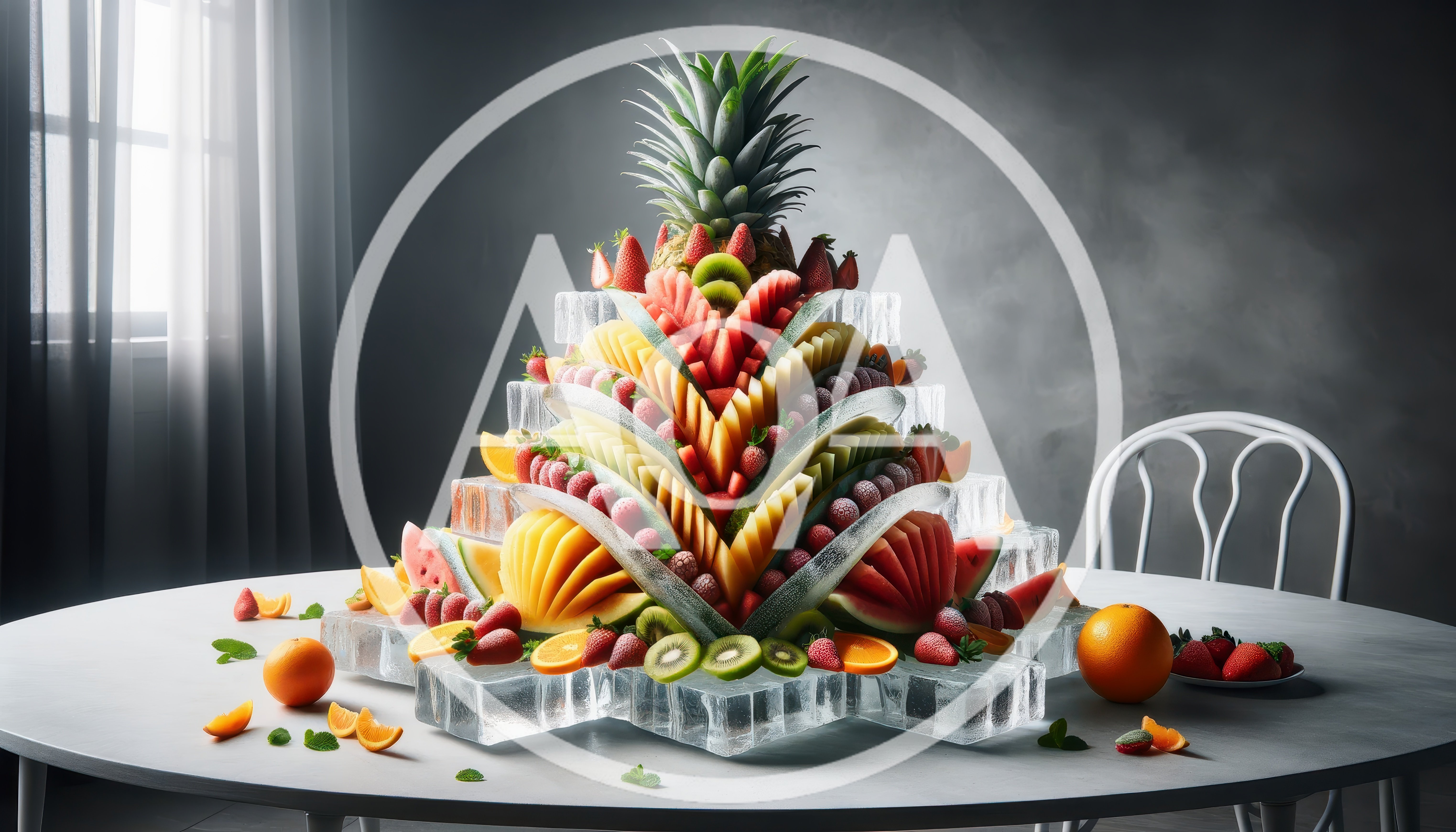 Elaborate Fruit Sculpture Display on Ice Blocks