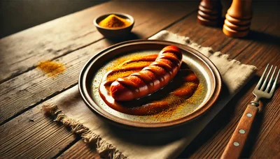 Currywurst Sausage Served On A Rustic Plate