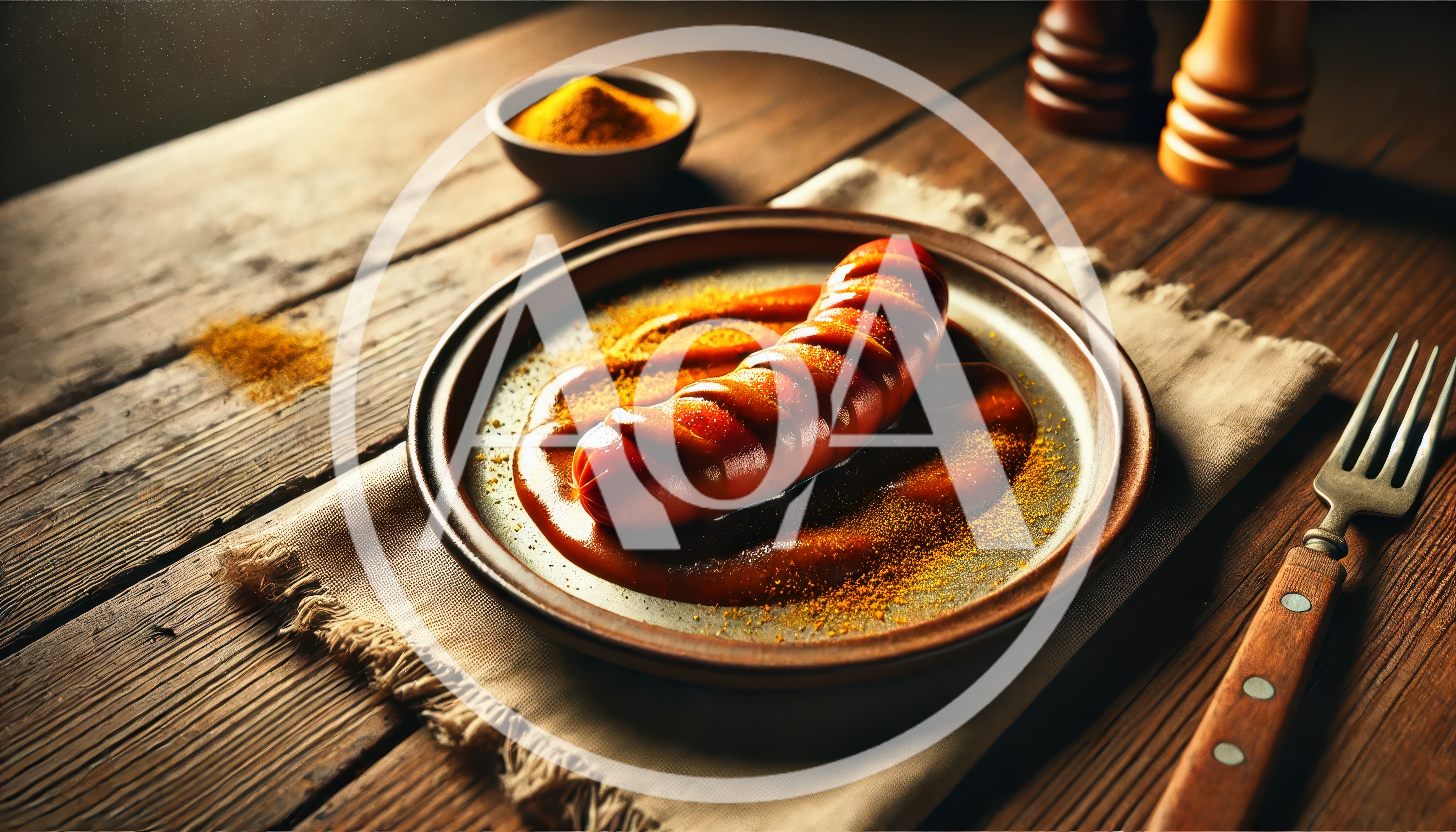 Currywurst Sausage Served On A Rustic Plate