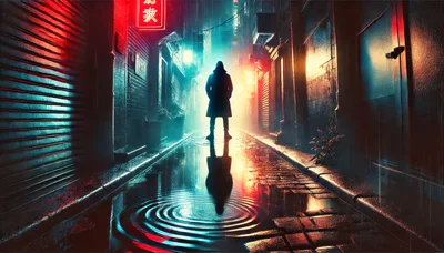 Lone Figure Standing in Rainy Cyberpunk Alleyway
